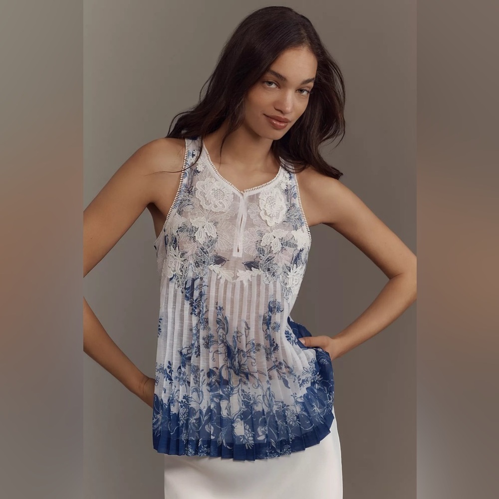 new XS fits small Anthropologie ranna gill sleeveless lace Blue White Pleat top
